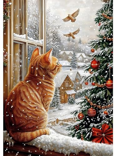 NEWENMO Niedliche Katze Diamond Painting Full Drill,5D Landschaft Diamant Painting Bilder,DIY Weihnachten Diamant Malerei Erwachsene Set,für Weihnachten Zuhause Dekoration 30x40cm
