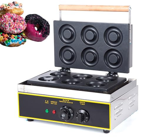 Macchina elettrica per ciambelle da 1500 W, macchina commerciale per ciambelle a 6 fori, riscaldamento bilaterale, 50-250 °C, timer da 0 a 5 minuti, rivestimento antiaderente, utilizzata in panetter