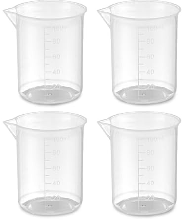 Lot de 4 petits verres doseurs en plastique transparent de 100 ml - Gobelets gradués réutilisables pour laboratoire, ménage, cuisine, pâtisserie