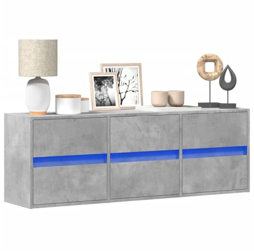 QJBSAVVA Meuble TV avec éclairage LED en bois gris béton 130 x 31 x 45 cm Design moderne avec 6 tiroirs Peu encombrant pour salon
