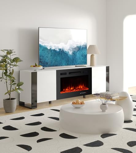 M.C.Haus Modern TV stand with 30 Electric Fireplace, suitable for TVs up to 75 inches,12 colours, electric fireplace 900 W/1800 W, 2 cabinets, white