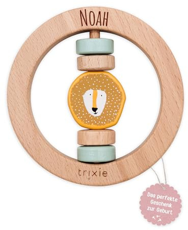 wunderwunsch Trixie Holzrassel personalisiert, Holz Rassel als Geschenk für Baby, Kleinkind, Geburt, Taufe graviert mit deinem Namen aus bestem Holz, auf Wunsch individualisert (Löwe, mit Name)
