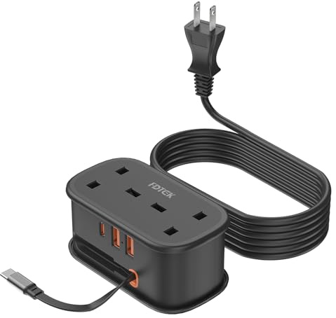 UK to Japan Plug Adapter with 1.5M Extension Cable, FDTEK 2 Way 3 USB Japan Travel Adapter with Retractable USB C Cable for Japan, Panama, Philippines Travel (Type A)-Black