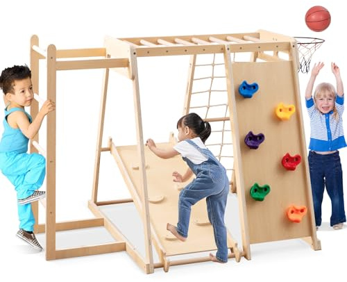 COSTWAY Indoor Climbing Frame for Toddlers, 6-in-1 Wooden Kids Jungle Gym with Slide, Rock Climbing Wall, Basketball Hoop, Monkey Bar, Rope Net, Ladder (Natural)