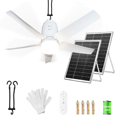Ventilatore da soffitto solare, con illuminazione per esterni, pannello solare da 60 W e batteria da 40000 mAh, grande ventilatore da soffitto portatile con luce, telecomando per campeggio (79CM)