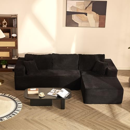 Litbird Modulares Ecksofa mit L-Form und Schlaffunktion, vollgepolstertes Sofa mit Memory-Schaum und Cordstoff, Schlafsofa für Wohnzimmer (Schwarz, Recamiere rechts (Facing))