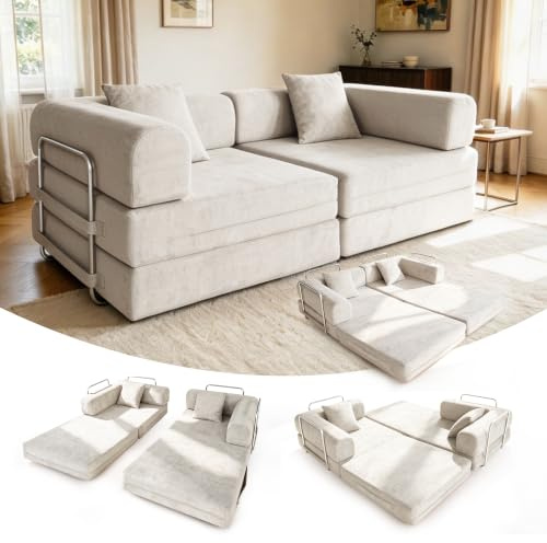 HELIORUSH Schlafsofa 200cm Breit, Boneless Couch mit Kuscheliger Chenille-Stoff, Modulares Bodensofa klappbar, 3-Sitzer Sofa mit Schlaffunktion, Waschbarer Bezug, Metallrahmen & 2 Kissen, Cremeweiß