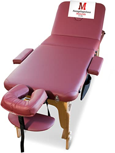 MASSUNDA Mobile Massageliege aus Vollholz – klappbarer 3-Zonen Massagetisch inkl. Zubehör – ideal für Massage, Kosmetik & Tattoo - Burgunder-Rot