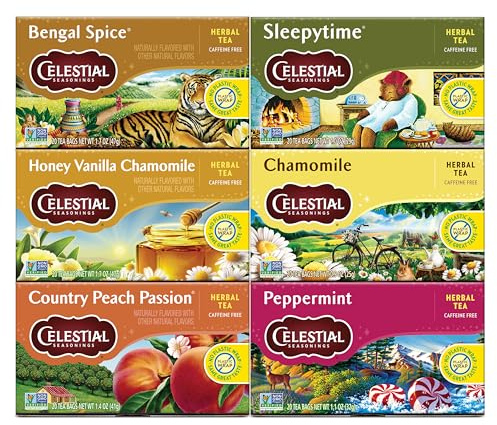 Celestial Seasonings Herbal Tea Variety Pack, Bengal Spice, Sleepytime, Honey Vanilla Chamomile, Country Peach Passion, Peppermint & Chamomile, Caffeine Free, 20 Tea Bags (Pack of 6)