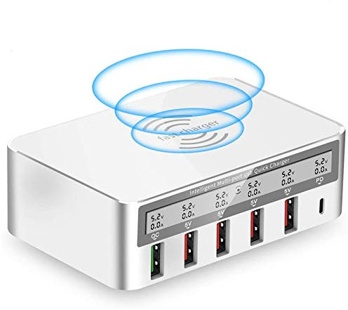 Wireless Charger Multiple USB Charger Station 100W Fast Charging 6-Port Desktop Charging Station LCD Screen Hub with Quick Charge 3.0 USB Port 18W PD Port Compatible for iPhone IPad Samsung,White