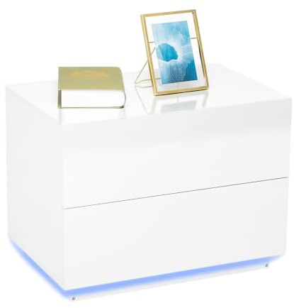 Meerveil Nachttisch, LED Hochglanz Nachttisch mit 2 Schubladen USB Lampe für Schlafzimmer und Wohnzimmer, 60 x 39 x 45cm, Weiß