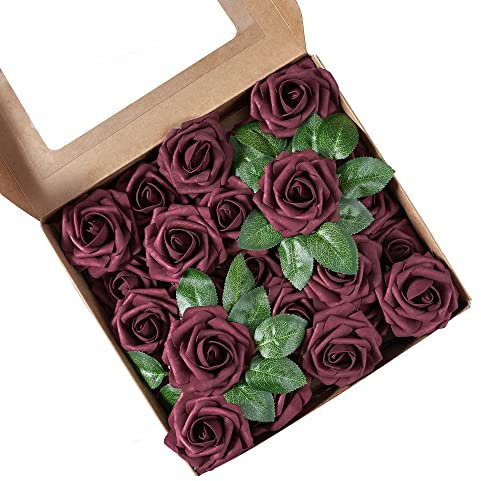 H.FLOLAVIDA Kunstblumen aus Schaumstoff, Burgungy mit Stielen, 25 Stück, künstliche Blumen für selbstgemachte Hochzeitsdekoration, Babyparty, Brautparty, Hochzeitsstrauß, Partydekoration,