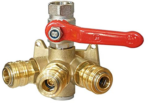 Pneumatik - Hydraulik Groll Druckluft-Verteiler 1/2 PN 16, 3x Schnellkupplung NW 7.2, Kugelhahn 1/2 PN 25, Messing, Vernickelt, 5 Ports, Luftverteiler
