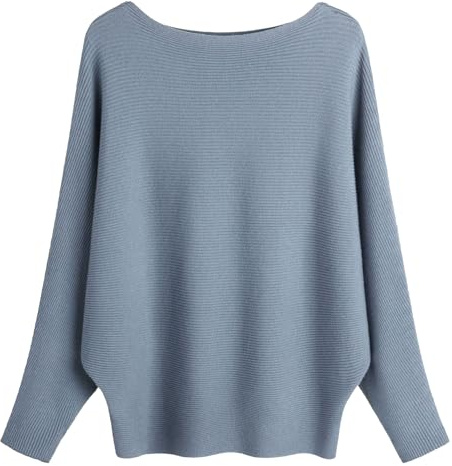 FULIER Boat Neck Batwing Sleeves Dolman Knitted Sweaters and Pullovers Tops for Women One Size (Denim Blue)
