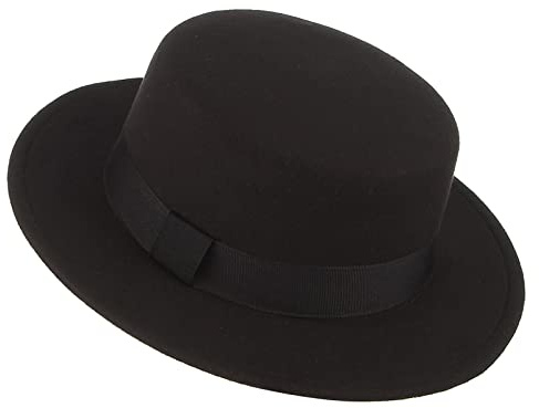 Pork Pie Hut für Herren/Damen, breite Krempe, Filz, Bootsfahrer, Fedora, Flache Oberseite, Kirchen-Derby-Kappe, Schwarz-Stil 1, M