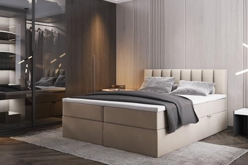 TRADA Lit Adulte 160x200 cm Palermo - avec Matelas Ressorts intégré, Rangement et surmatelas - Tissu Velours – Beige