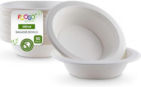 FOOGO Green Einwegschalen aus Zuckerrohr-Bagasse, Mittel 450 ml, Ø 18 cm, 50 Stück, für Suppe, Salat & Desserts, biologisch abbaubar, wie Bambus, Holz & stabile Papierschale für heiße Speisen