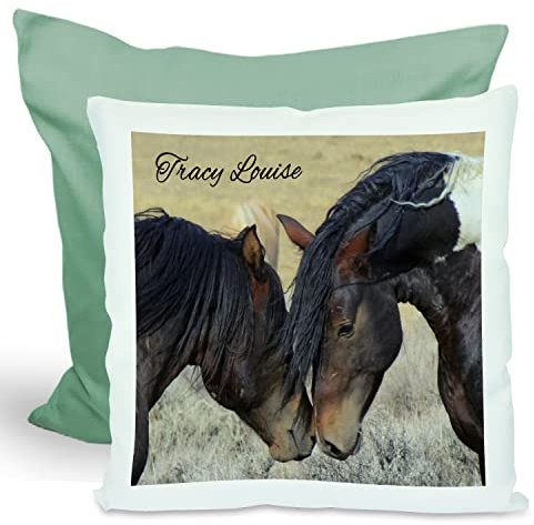 CreaDesign, Kinder Kissen 40x40 cm personalisiert mit Namen, Kinderzimmer Deko Kissen Kinder mit Füllung Federn, Motiv Pferde Paint Horses, Rückenfarbe Grün