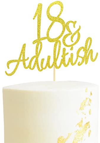 Arthsdite 18 & Adult-ish Cake Topper, 18 and Adultish Cake Pick, Time to Adult/Eighteen Birthday Cake Decor, Happy 18th Birthday Party Decoration Supplies - Gold Glitter