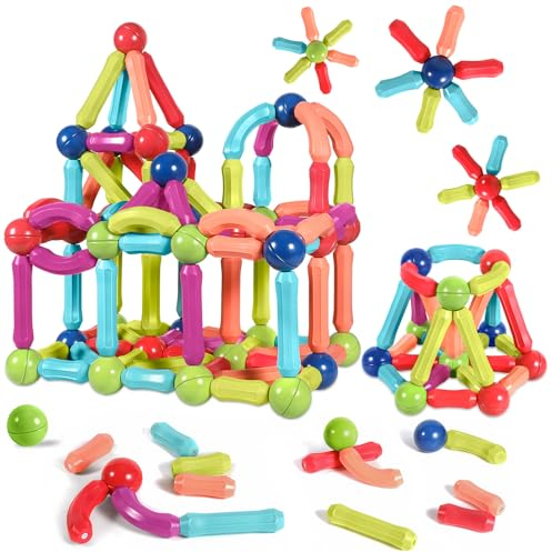 AOUVT 64 Pcs Magnetische Bausteine Spielzeug, 3D Konstruktions Spielzeug, Magnetspielzeug für Kinder, Pädagogisches Lernspielzeug, Geeignet für Jungen und Mädchen im Alter von 3 4 5 6 7 8 Jahren