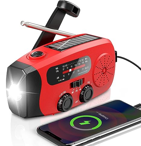 Emgykit 086S - Radio de emergencia con manivela de mano - 2000 mAh/7400 mWh AM/FM/NOAA Radio de emergencia solar con 3 linternas LED, función SOS para emergencias, camping, color rojo