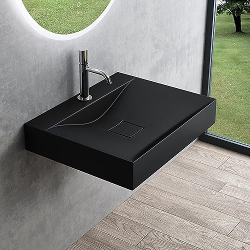 Mai & Mai Lavabo sobre Encimera Rectangular 60cm Negro Mate Col810 | Lavabo Suspendido Mármol Fundido, con Orificio para Grifo y Válvula Desagüe, Conexión Estándar DIN, Tapa de Desagüe Oculta