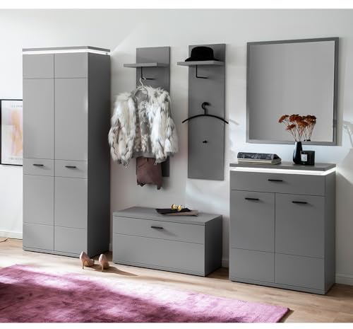 Lomadox Garderoben-Set 6-teilig mit LED-Beleuchtung in grau | Flurgarderobe in Arktis Grau, modern