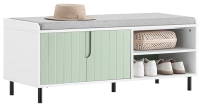 SoBuy FSR158-GR Schuhbank mit Sitzfläche Dielenbank Schuhtruhe Sitzbank mit Stauraum Sitzkommode Schuhregal schmal Weiß-Grün BHT ca. 110x45x40cm