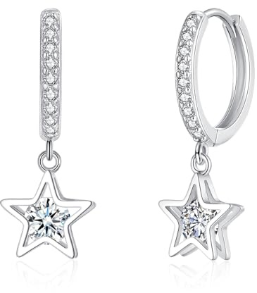 Kamise Creolen Ohrringe Silber 925 Hängend, Stern Anhänger Ohrhänger für Damen Frauen Mädchen, Hypoallergen Creolen Kreolen Ohrringe mit 5A Zirkonia, Fashion Weißgold Hängeohrringe für Party Alltag