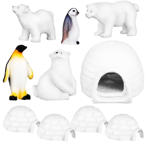 SAFIGLE Arktische Tiere Figuren Set Mit Iglu Eisbär Und Pinguin Aus Harz 4 Kleine Iglus 1 Großes Iglu 3 Bären 2 Pinguine Wintertiere Figuren Für Weihnachten Und Neujahr