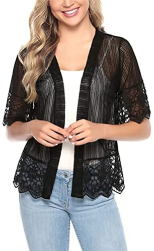 Qianderer Women Lace Shrug Bolero Jacket Open Front Mesh Cardigan Top Sheer Patchwork Sheer Summer Beach Cover Up (A Black, L)