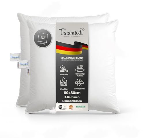 Traumwelt Natur Made in Germany 3-Kammer Daunen Kopfkissen 80x80 cm, weiß, Allergiker geeignet, Öko-Tex 100 Klasse 1 Zertifiziert, Downpass (2 Stück)
