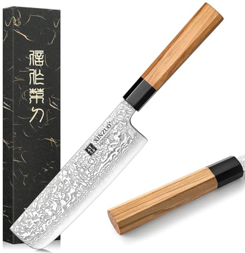 XINZUO Damaststahl 17,8cm Nakirimesser, japanischen Stil Küchenmesser Profi Scharfe Asiatische Messer Chefmesser zum Schneiden von Fleisch und Gemüse -Olivenholz und schwarzer Büffelhorngriff