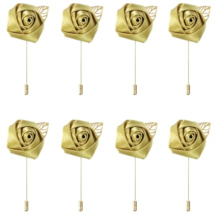 QUARKZMAN 8 Stück Herren Ansteckblumen Rosen Anstecknadeln 2x3.5 für Hochzeit, Jubiläum, formelles Abendessen, Partyanzug Dekoration Gold