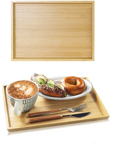 BFTOU 2pcs Rectangular Bamboo Serving Tray for Eating Drinks Storage Snacks TV Breakfast Coffee Parties Bathroom(13.8x 10.2x 0.8)