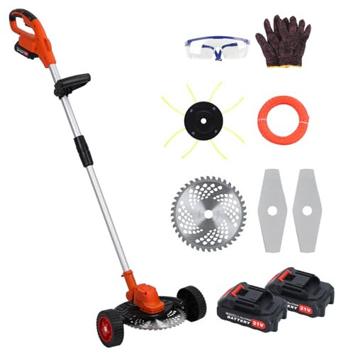 Shienfir String Trimmer, 9 Inch Cordless String Trimmer, Electric Weed Wacker On Wheels, 21V 1280W Electric String Trimmer with 2 Batteries and Charger, Lawn Edger, Mower with Brushless Motor Red