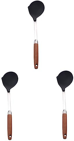 OQHAIR 3 Pezzi Cucchiaio in Silicone Mestolo da Zuppa in Silicone Manico per Mestolo in Silicone Cucchiaio da Zuppa Utensili da Cucina in Silicone Utensili da Cucina in Legno Utensili in