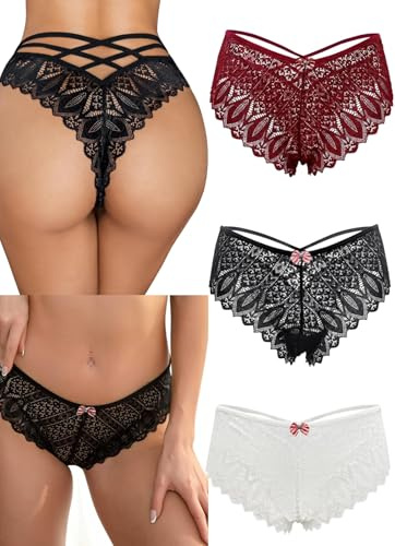 MIZSPISE 3-pack stringtrosa dam spets trosor sexig stringtrosa chic damunderkläder stretch hipster underkläder S-L, Svart och rödvin, L