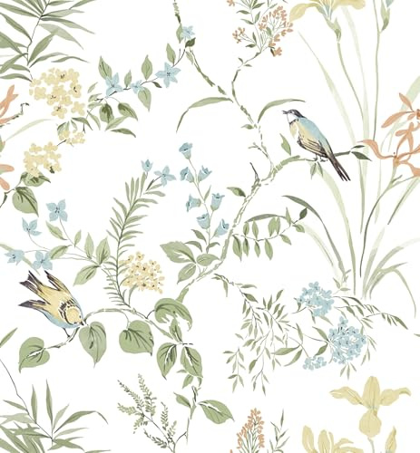 Erfoni 16.9 x118 Boho Floral Peel and Stick Wallpaper Green Floral and Birds Contact Paper DIY Self Adhesive Removable Wallpaper for Livingroom Cabinet Decor Modern Flower Leaf Wall Paper Vinyl Roll