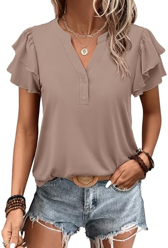 ANRABESS Womens Tops Dressy Casual Blouse Flutter Short Sleeve Shirts Khaki