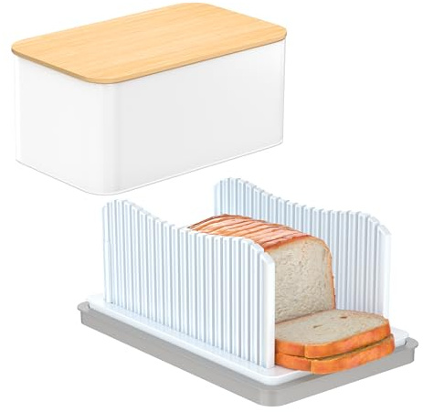 CAWIU Bread Slicer for Homemade with Box, Foldable Bread Cutter with Crumb Tray, Adjustable Width Bread Slicing Guide for Loafs, Sandwiches, Bagels, and Cakes