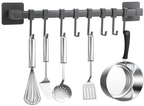 wenrescry Gancio da cucina senza foratura, autoadesivo, nero, gancio da parete mobile per utensili da cucina, pentole, portacoltelli, 8 ganci