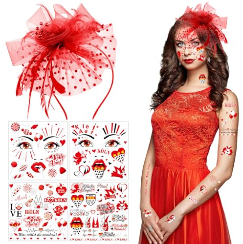 HOWAF Karneval Kostüm Köln, Kölle Haarreif Karneval Köln, Karneval Kopfschmuck, Köln Tattoos Karneval Gesichtstattoo Karneval für Kölle Alaaf Kostüm, Faschingskostüme, Fasching Kostüm