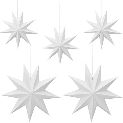 GangGangBAO 5 Stück Papiersterne, Papier Stern Dekoration 9 Zacken Weihnachtssterne Neujahrsfest Christmas Decorations für Weihnachts Hochzeit Geburtstag Tischdeko 30cm 45cm (Weiß)