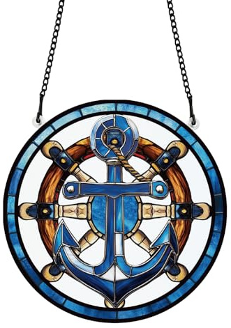 PLIGREAT Peint gouvernail Ancre taché Suncatcher fenêtre Wall Art Suspendu Ornement Bleu Acrylique capteur de lumière Art Artisanat pour pour Jardin Chambre à Coucher Suspendu décor
