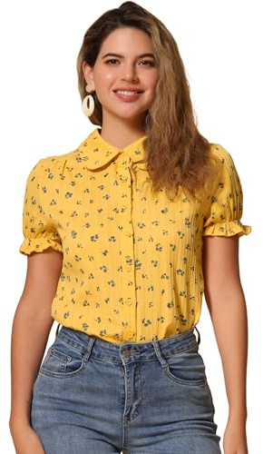 Allegra K Chemise à col Rabattu en Coton à Volants pour Femmes | Tissu 100 % coton, manches bouffantes, vintage des années 50, col Peter Pan, haut à volants, boutonné