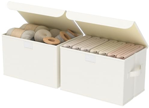 GUOHNHE Kisten Aufbewahrung für Schlafzimmer, Beige, 30x23x20 cm, 2 Stück | Faltbare Stoffboxen mit Deckel, Ordnungssystem Kleiderschrank, Aufbewahrungskorb für Schlafzimmer, Kleideraufbewahrung