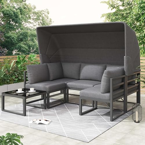 DRIXNO Garten Loungesessel Set, Iron Sunny Island Sitzgruppe Hocker und Tisch mit Markise 4er Set Balkon und Garten Loungemöbel Terrassenmöbel Wetterfest Grau Inkl Kissen