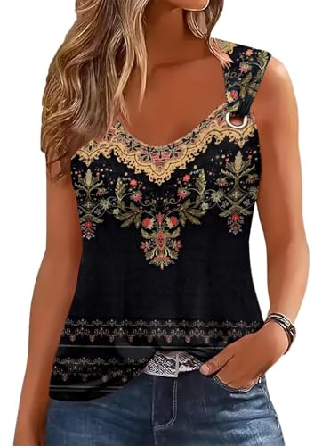 EIRUKON Debardeur Femme Chic et Elegant sans Manches Haut Ete Sexy Col en V Débardeur Bohème Fleurie Tank Top Ample Bretelles T Shirt,Noir,XXL