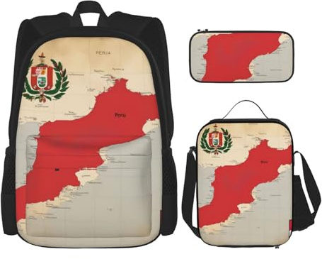OXKGHHO Juego de mochila de trabajo con estampado de mapa de bandera de Perú con lonchera aislada, correas ajustables, para gimnasio y uso diario, Negro -, Talla única
